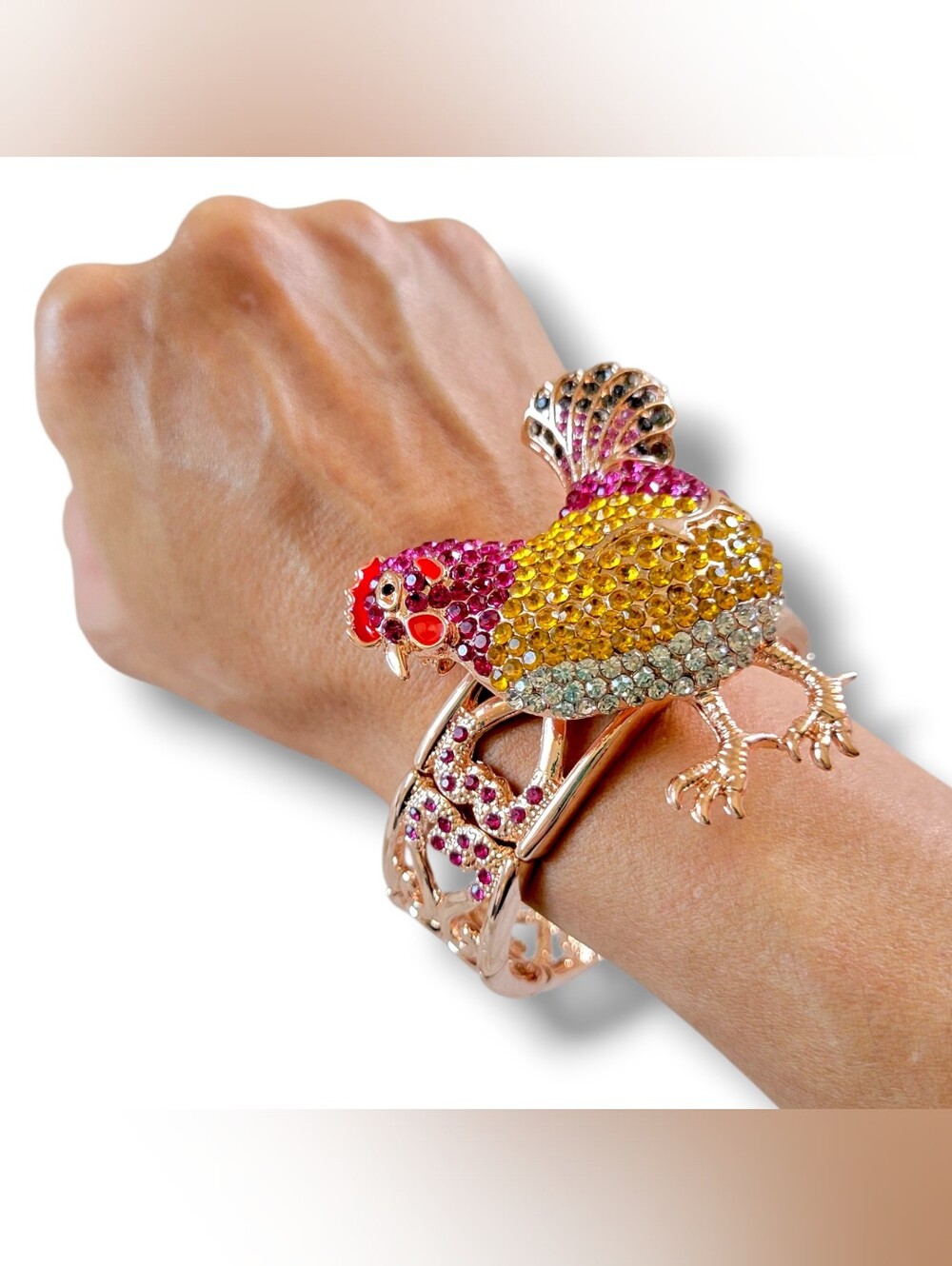 NWOT Rose Gold Tone Crystal Jeweled Chicken Brooch Statement Bracelet